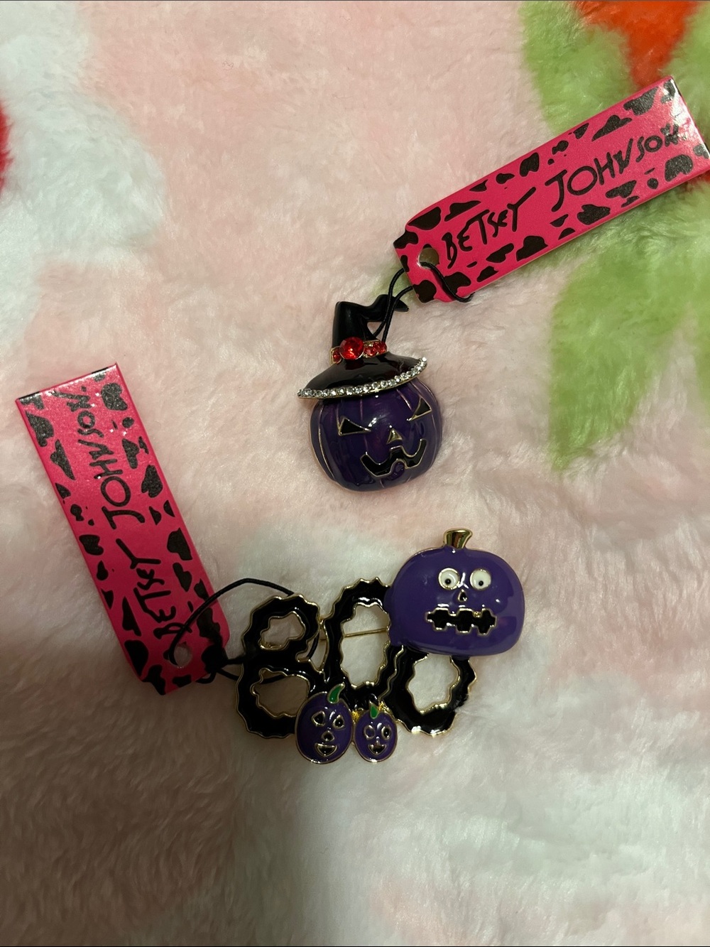 NEW Betsey Johnson Purple Pumpkin Brooch Duo with Black & Gold Accents